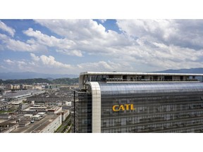 The Contemporary Amperex Technology Co. (CATL) logo is displayed atop its headquarters building in this aerial photograph taken in Ningde, Fujian province, China, on Wednesday, June 3, 2020. CATL's battery products are in the vehicles of almost every major global auto brand, and starting this month they'll also power electric cars manufactured by Tesla at its factory on the outskirts of Shanghai. Photographer: Qilai Shen/Bloomberg