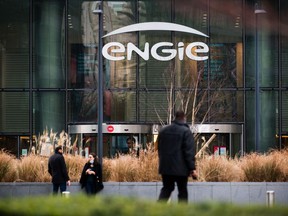 A logo on the Engie SA headquarters in the La Defense business district in Paris, France, on Thursday, Jan. 21, 2021. The shift of jobs and assets to Paris after Brexit will accelerate this year, providing Europe with an opportunity to strengthen its own financial infrastructure, according to Bank of France Governor Francois Villeroy de Galhau. Photographer: Benjamin Girette/Bloomberg