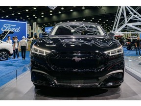A Ford Mustang Mach-E on display at the 2022 North American International Auto Show in Detroit. The US auto giant is joining a pair of South Korean battery-component makers to build a cathode material plant in Quebec.
