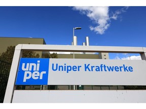 Signage for Uniper SE outside the company's Kirchmoeser natural gas power plant in Brandenburg, Germany, on Wednesday, Sept. 21, 2022. Germany will nationalize Uniper in a historic move to rescue the country's largest gas importer and avert a collapse of the energy sector in Europe's biggest economy.