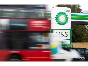 A sign at the entrance to a BP Plc petrol station forecourt in London, UK, on Monday, Oct. 31, 2022. BP Plc posted its second-highest quarterly profit on record and announced a further $2.5 billion of share buybacks, capping a stellar period for Big Oil after Russia's invasion of Ukraine pushed up energy prices.