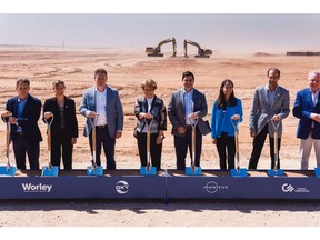 Vicki Hollub, center left, attends a groundbreaking ceremony at the Occidental and 1PointFive Direct Air Capture (DAC) plant in Ector County, Texas, on April 28. Photographer: Jordan Vonderhaar/Bloomberg