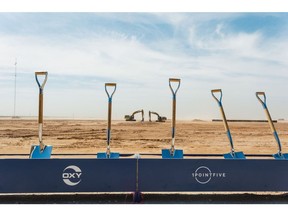 Shovels during a groundbreaking ceremony at the Occidental Petroleum and 1PointFive Direct Air Capture (DAC) plant in Ector County, Texas, US, on Friday, April 28, 2023. Upon completion, the first DAC plant will be the world's largest of its kind and will allow the acceleration of a net-zero economy.