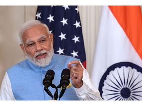 WASHINGTON, DC - JUNE 22: Indian Prime Minister Narendra Modi delivers remarks during a joint press conference with U.S. President Joe Biden at the White House on June 22, 2023 in Washington, DC. Biden is hosting Prime Minister Modi for his first official state visit and will later address a joint meeting of Congress before a state dinner at the White House later tonight.