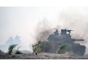 An assault amphibious vehicle on Bali beach during the Han Kuang military exercise in New Taipei City, Taiwan, on Thursday, July 27, 2023. China is flexing its military might around Taiwan again as campaigning for the presidency on the democratically run island starts to heat up.