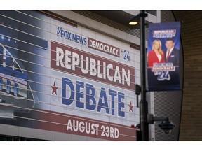 Signage ahead of the Republican primary presidential debate hosted by Fox News in Milwaukee, Wisconsin.