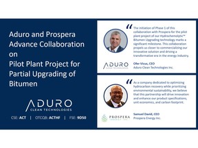 Aduro Clean Technologies and Prospera Energy Advance Collaboration on Pilot Plant Project for Partial Upgrading of Bitumen