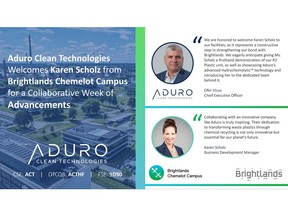 Aduro is thrilled to host Karen Scholz from Brightlands Chemelot Campus during the week of August 21, 2023. This visit underscores our strengthening alliance and mutual commitment to sustainable waste plastic recycling solutions.