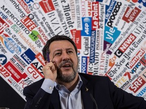 FILE - Italian Infrastructure Minister Matteo Salvini speaks during a press conference at the Foreign Press Club in Rome, Tuesday, April 4, 2023. Italian bank stocks plunged Tuesday, Aug. 8, 2023 after the Cabinet approved a proposal to apply a temporary tax on some bank profits this year to help consumers and businesses cope with higher borrowing costs. Salvini announced the tax at a Monday evening press conference, saying it was a measure of "social equity" to make up for a series of interest rate hikes from the European Central Bank.