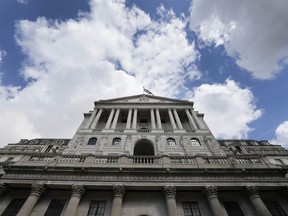 FILE - View at the Bank of England, at the financial district in London, Thursday, May 11, 2023. The Bank of England is set to raise interest rates Thursday, Aug. 3, 2023, for the 14th time in a row to a fresh 15-year high and keep the door open for further increases in the months to come as it tries to tamp down persistently high inflation.