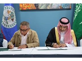 (from left to right): Prime Minister of Belize, Hon. John Briceño, and The Saudi Fund for Development (SFD) Chief Executive Officer, H.E. Sultan Al-Marshad