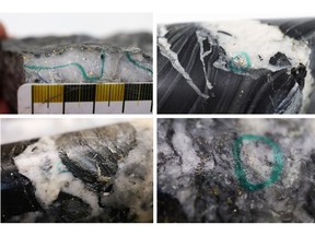 Figure 1: Photos of mineralization from: Top Left: NFGC-22-952 at ~188.3m, Top Right NFGC-23-1303 at ~24m, Bottom Left: NFGC-23-1315 at ~41m, Bottom Right: NFGC-23-1391 at ~8.6m. ^Note that these photos are not intended to be representative of gold mineralization in NFGC-22-952, NFGC-23-1303, NFGC-23-1315 and NFGC-23-1391.