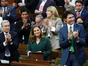 Deputy Prime Minister and Minister of Finance Chrystia Freeland receives applause as she delivers the 2023 federal budget.
