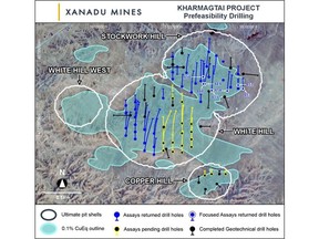Kharmagtai copper-gold district showing currently defined mineral deposits and planned Phase One Resource infill drill holes.