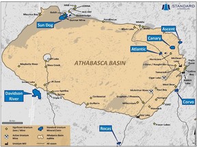 Overview map of Standard Uranium's seven Athabasca Basin projects. The newly staked Corvo Project is located 45 km northeast of the 92Energy's Gemini Mineralized Zone ("GMZ") and 60 km due east of Cameco's McArthur River mine.