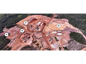 July 2023 aerial view of the Tucumã Project, including (A) main substation, (B) crushed ore stockpile and belt feeder, (C) process plant, including ball mill, flotation and filtration, and (D) administrative offices, laboratories, fuel station, and equipment maintenance area.