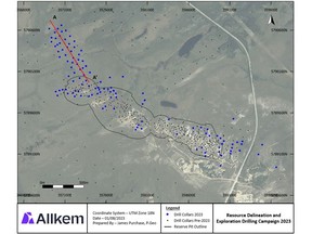 Plan view showing drilling conducted during the 2023 drilling program (blue dots)