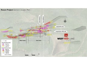 Deposit-scale plan map of Rowan Mine Target area showing traces and intercepts for holes highlighted in this News Release.