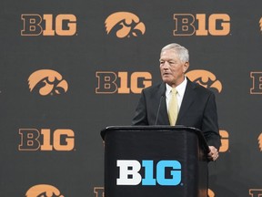 Iowa head coach Kirk Ferentz speaks during an NCAA college football news conference at the Big Ten Conference media days at Lucas Oil Stadium, Wednesday, July 26, 2023, in Indianapolis.