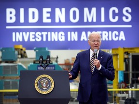 U.S. President Joe Biden speaks on his "Bidenomics" economic plan in Milwaukee, Wisconsin on the one-year anniversary of the Inflation Reduction Act.