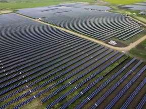 The Alberta Utilities Commission has clarified how it intends to implement the UCP government's moratorium on wind and solar energy development. Solar panels pictured at the Michichi Solar project near Drumheller, Alta., Tuesday, July 11, 2023.