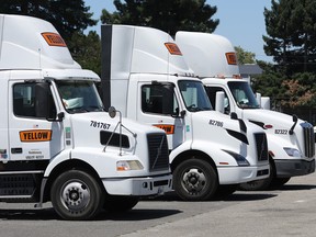 Yellow Corp. trucks at a company facility in Hayward, California.