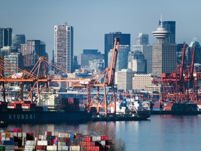 Container terminals at the Vancouver Harbour in B.C.