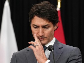 Prime Minister Justin Trudeau speaking to media in Toronto.