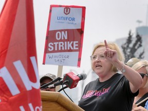 Unifor national president Lana Payne speaking at a rally at Windsor City Hall.