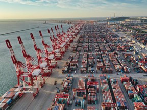 Cranes and shipping containers at Yingkou port, in China's northeastern Liaoning province.