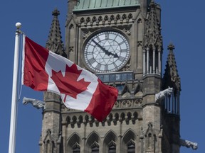 The Canadian flag flies near the Peace tower on Parliament Hill in Ottawa.