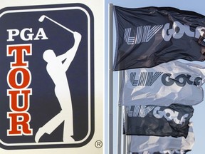 FILE - At left, the PGA Tour logo is shown during a press conference in Tokyo, Nov. 20, 2018. At right LIV Golf flags are shown during the second round of LIV Golf Orlando at Orange County National in Winter Garden, Fla., April 1, 2023. The alliance between LIV and the PGA Tour has been met with skepticism and a raised eyebrow in most circles, including the U.S. Congress.