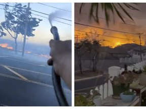 This combination of images from video made by neighbors Shane Treu, left, and Robert Arconado on Aug. 8, 2023 shows fires outside their homes on the Hawaiian island of Maui. Treu used a garden hose to spray water during fires caused by snapped electrical cables falling to the dry grass below and quickly igniting a row of flames.