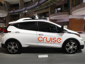 FILE - A Cruise AV, General Motor's autonomous electric Bolt EV in Detroit is displayed, Jan. 16, 2019. The California state Department of Motor Vehicles asked for General Motors' Cruise autonomous vehicle unit to reduce its fleet in San Francisco after a Cruise vehicle without a human driver collided with an unspecified emergency vehicle on Thursday, Aug. 19, 2023.