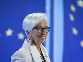 File - President of European Central Bank Christine Lagarde smiles during a press conference in Frankfurt, Germany, Thursday, July 27, 2023. Lagarde will speak at the an annual conference of central bankers in Wyoming on Friday.
