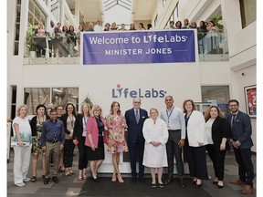 Ontario's Minister of Health Sylvia Jones pose for photo with LifeLabs President and CEO Charles Brown and LifeLabs employees