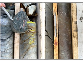 Plate 1: (left) Native copper in drillhole CMR23-152 at 177.6 m downhole (Southwall Zone 1).Plate 2: (right) Massive sphalerite from CMR23-153 at 156.9 m downhole (Southwall Zone 1).