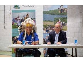 Matt Manson, President and CEO of Marathon, and Chief Mi'sel Joe of the Miawpukek First Nation, sign a Socio-Economic Agreement for the Valentine Gold Project