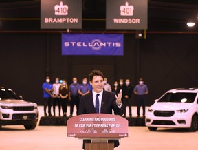 Prime Minister Justin Trudeau at a Stellantis plant in Windsor, Ont. The company waited a long time to find out what subsidies it would be getting in Canada.