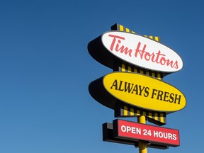 Tim Hortons' sales grew 12.5 per cent in Canada in the latest quarter.