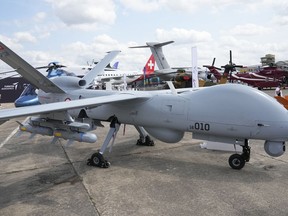 FILE - An ANKA drone developed by Turkish Aerospace Industries is presented at the Paris Air Show on June 21, 2023, in Le Bourget, north of Paris. The Indonesian government bought 12 drones worth $300 million from Turkish Aerospace as part of efforts to strengthen Indonesia's defense system, according to a written statement from the Indonesian Defense Ministry on Wednesday, Aug. 2.