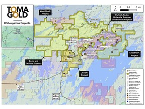 Map of projected acquisitions in Chibougamau Mining Camp