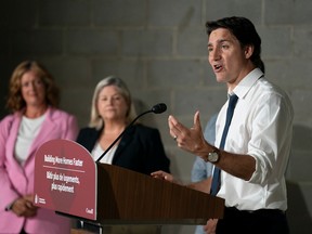 Prime Minister Justin Trudeau speaks during a visit to an apartment complex under construction in Hamilton, Ont., Monday, July 31, 2023.