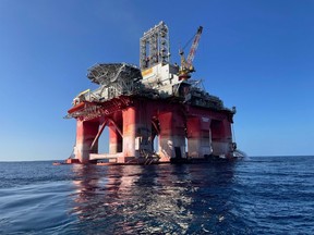 This undated picture released by TotalEnergies shows the drilling rig, Transocean Barents, which arrived at its location in the Mediterranean Sea on Wednesday, Aug. 16, 2023. The rig is expected to begin drilling in September in Lebanese waters near the border with Israel after the two countries reached a deal last year on their maritime border. Lebanon and Israel have formally been at war since Israel's creation in 1948.