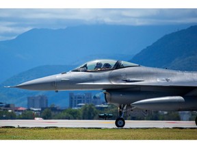 A Taiwanese F-16 fighter jet in Hualien, Taiwan. Photographer: Annabelle Chih/Getty Images