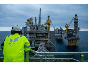 The Equinor ASA offshore oil drilling platform on Johan Sverdrup oil field in the North Sea, Norway, on Monday, Feb. 13, 2023. Equinor, Norway's biggest oil and gas producer, said the second phase of its giant Johan Sverdrup field in the North Sea is now on stream.