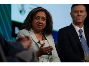 Anu Aiyengar, global head of mergers and acquisitions at JP Morgan, speaks during the Bloomberg Invest event in New York, US, on Wednesday, June 7, 2023. The conference invites investors, from institutional and high-net worth to private and retail, to leave with fresh perspective and crucial insight for 2023 and beyond.