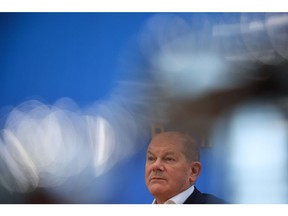 Olaf Scholz, Germany's chancellor, during his summer news conference in Berlin, Germany, on Friday, July 14, 2023. Scholz has been under pressure to deliver on pledges he made last year. Photographer: Krisztian Bocsi/Bloomberg