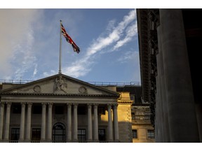 The front facade of the Bank of England (BOE) in London, UK, on Monday, Sept. 18, 2023. Investors are leaning toward another quarter-point increase in the BOE's key rate from 5.25% at the meeting on Sept. 21, but doubts on markets over further hikes have mounted in recent weeks.