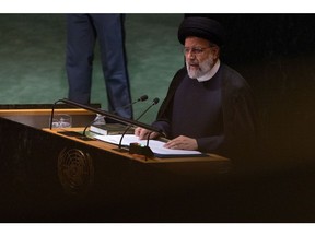 Ebrahim Raisi, Iran's president, speaks during the United Nations General Assembly (UNGA) in New York, US, on Tuesday, Sept. 19, 2023.  Photographer: Jeenah Moon/Bloomberg